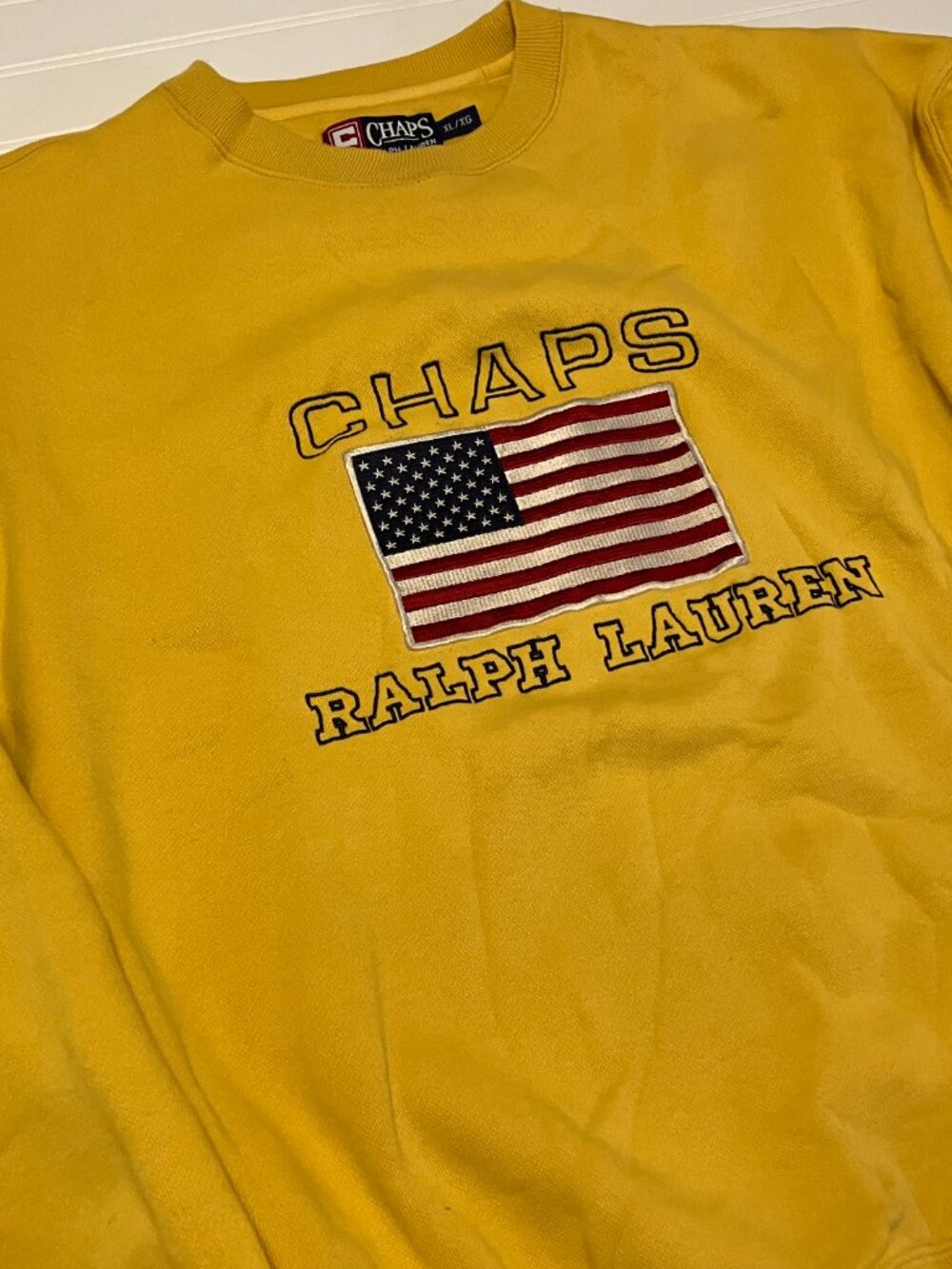 Vtg Chaps Ralph Lauren American Flag Embroidered Crewneck Sweatshirt Yellow XL